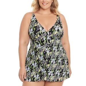Swim Solutions Black Floral Prairie Flyaway Tummy-Control Swim Dress Plus 16W